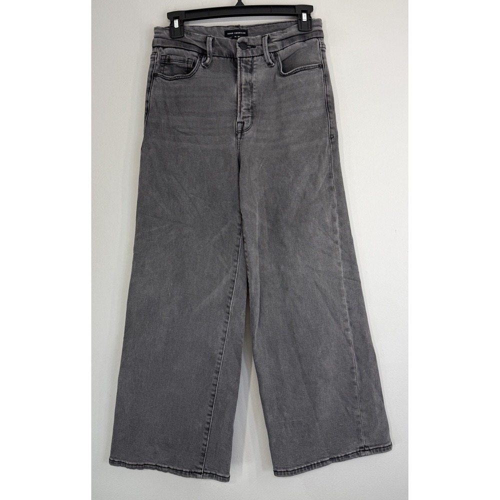 Good American 4/27 Good Waist Palazzo Crop Jean Wide Leg Faded Black